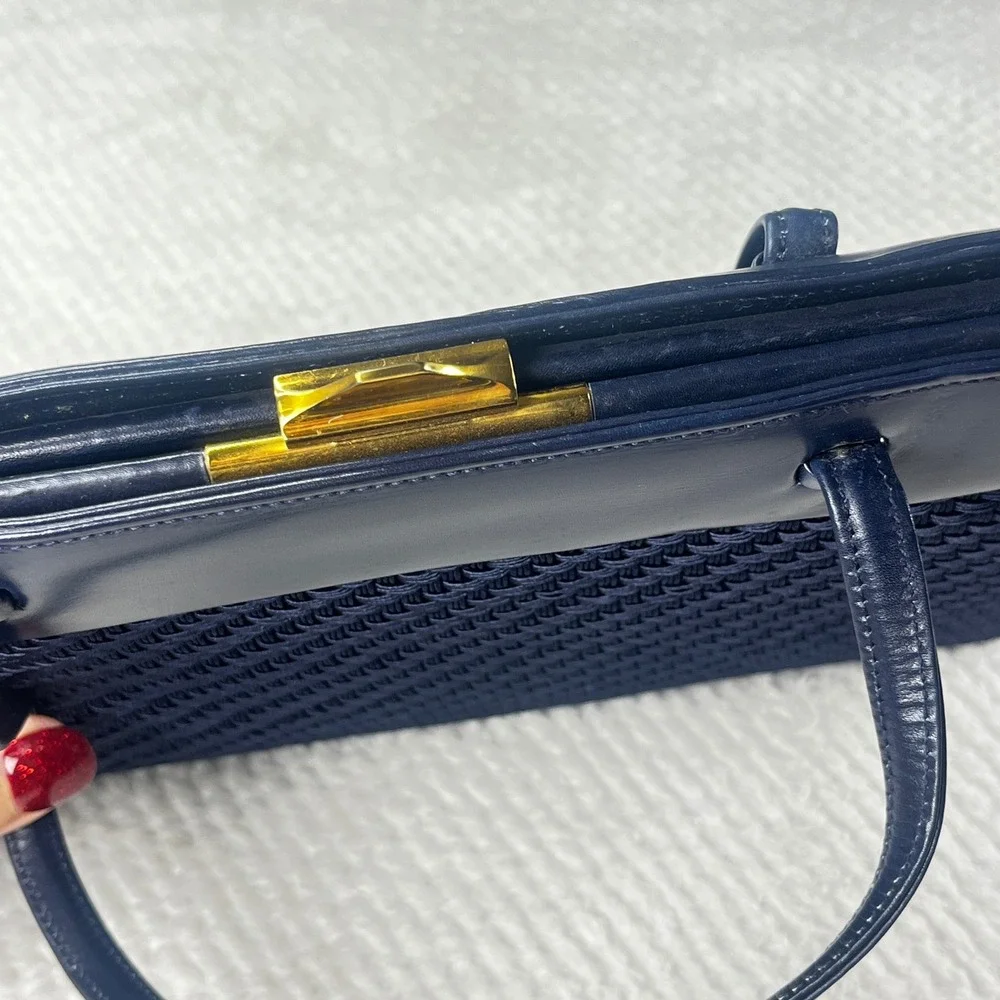 Vintage Mark Cross Handbag w/mirror and coin purse Blue Leather Woven Top Handle